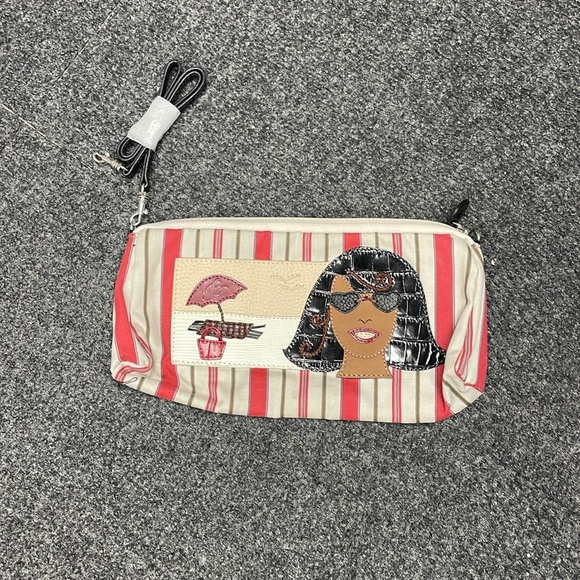 Brighton Striped Print Beach Scene Small Canvas Leather Bag NEW Cosmetic Travel - Picture 1 of 4